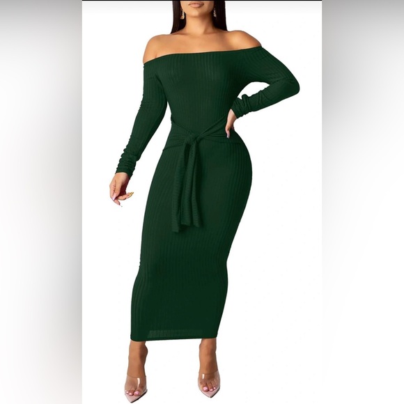 Off Shoulder Long Sleeves Bodycon Sweater Dress ( dark green) - Picture 1 of 3